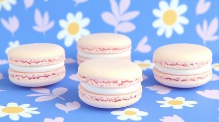 Sweet pastel macarons displayed on a floral background with a playful design