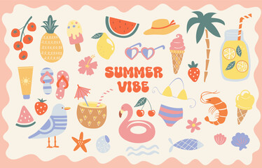 Set of hand drawn summer icons,funny doodle holiday beach elements-watermelon,lemon,ice cream,palm,drinks, cocktail. Isolated elements for scrapbooking summer vibe. Perfect for templates,web.Vector