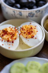 Close-up of a spiced boiled egg cut in half, Turkish breakfast style cultural