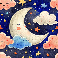 Dreamy Watercolor Nursery Pattern - Sleeping Moon and Star Clouds