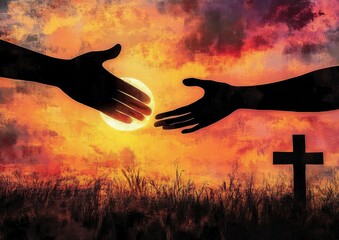 Reaching Hands, Cross Silhouette, Golden Sky, Religion, Hope