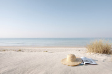serene beach scene featuring straw hat magazine filled with beach stories and sunglasses on soft light sand