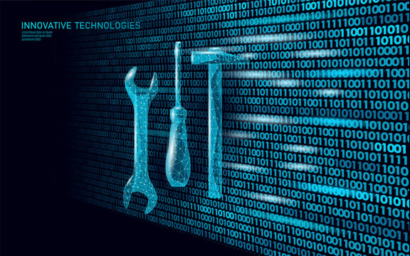 Tools binary code background illustration. Mechanical equipment construction network design. Repair maintenance technology industry service. Low poly blue dark vector