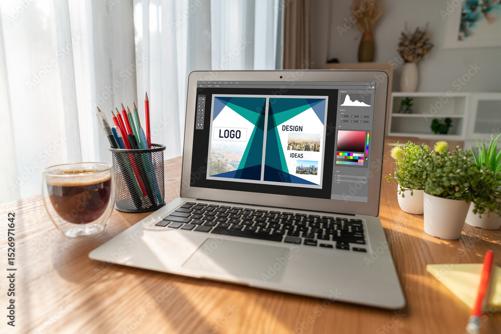 Poster graphic designer software for modern design of web page and commercial ads showing on the computer s