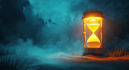 Stylized Hourglass Lit with Soft Glow on a Clean Dark Background for Copy Space