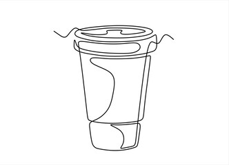 Paper cup of hot coffee in one Continuous line drawing. Concept of drink to go in lineart style.Hand drawn one line vector. Editable stroke	