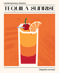 Tequila sunrise cocktail. Vector illustration of summer alcoholic long drink garnished with orange and cherry. Poster with tropical refreshing drink. Contemporary poster for bar, restaurants and menu.
