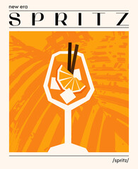 Aperol spritz cocktail. Vector illustration of trendy alcoholic drink with orange and ice. Colorful poster with refreshing summer drink. Contemporary poster for bar, restaurants and menu.