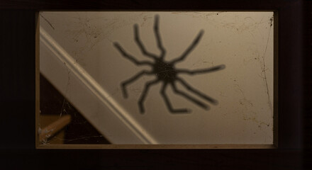 Shadow of spider on wall in attic stairway during Halloween
