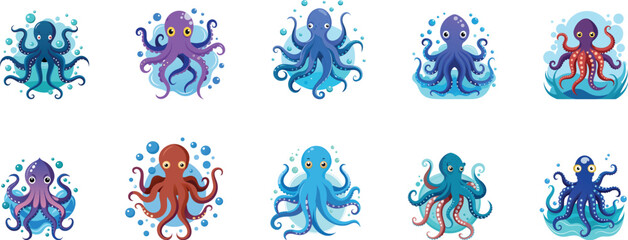 octopus sea animal cartoon character set vector illustration