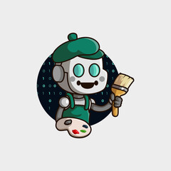 Fototapeta premium cute mascot logo cartoon robot with artificial intelligence system that looks like a painter who is able to create works of art quickly and beautifully