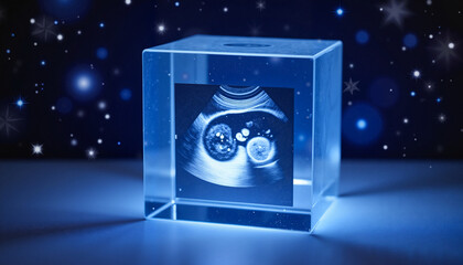 Ultrasound photo in frame displayed in illuminated glass block  