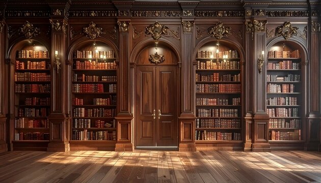 Large wooden library wall with bookshelves filled with old books

