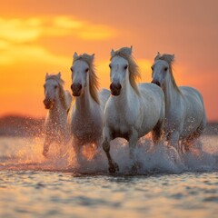Majestic white horses galloping through water against a vibrant sunset backdrop