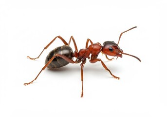 A reddishbrown ant, isolated on white background, showcases intricate details of its body and legs