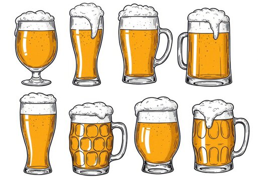 A collection of frothy beer glasses, isolated on white background
