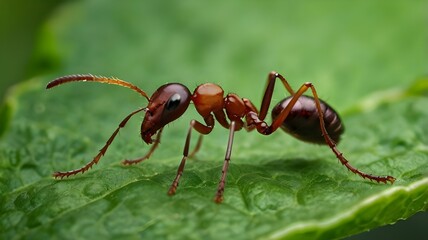 red ant on green leaf