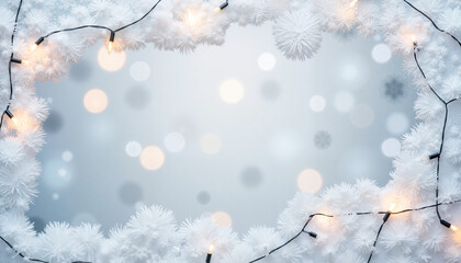 Mirror with string lights frame surrounded by snowflakes in winter  