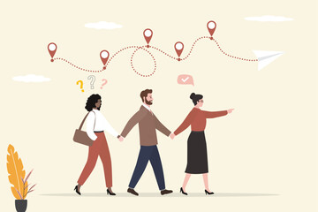 Business journey path in progress to success. team of business people holding hands goes in right direction, paper plane flying. Concepts of business start-up and the way forward.