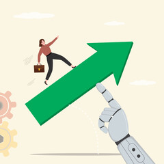 Robot arm helps change the direction of development or business trend. Business woman runs up the arrow. AI technologies support and improve business.