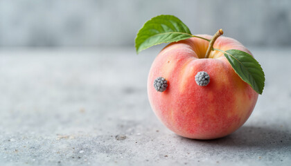 Mold spots on fruit skin on peach with leaf on concrete background  