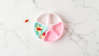 Pill organizer with colored compartments on kitchen table surface  
