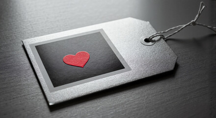 Photo tag with heart sticker for Valentine’s Day on wooden surface  