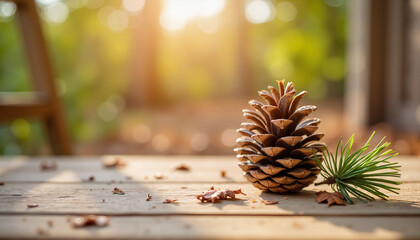 Pinecone on doorstep with green needles in warm sunlight background  
