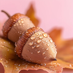 Close-up of Acorns with Water Droplets on Autumn Leaf