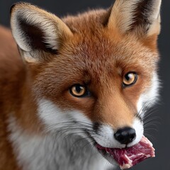 Fototapeta premium Close-up of a red fox with a piece of meat