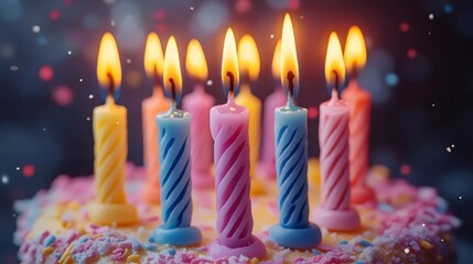 A beautifully decorated birthday cake with lit candles ready for a joyful celebration.