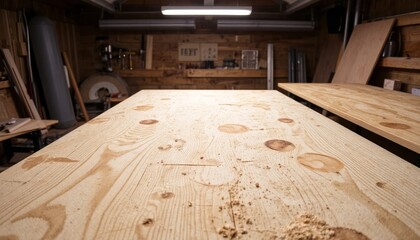 Woodworking table with plywood boards and sawdust pile in cozy workshop environment
