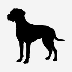Playful black silhouette of a dog in a sitting position isolated background