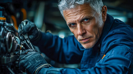 Fototapeta premium Mature male mechanic working on engine in workshop