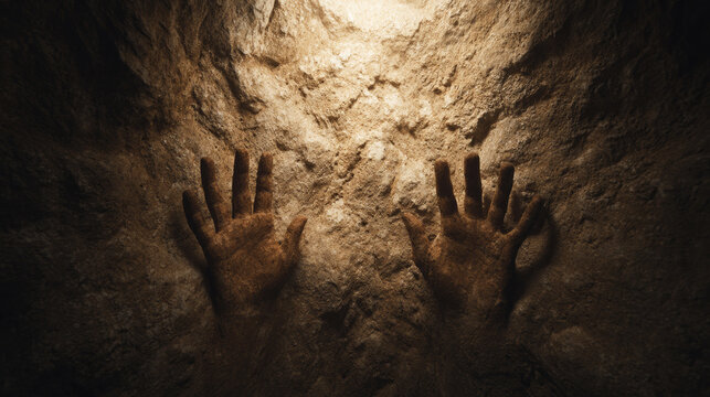 Warm light illuminating two hands reaching for freedom in dark cave, creating an unsettling atmosphere of anxiety and claustrophobia