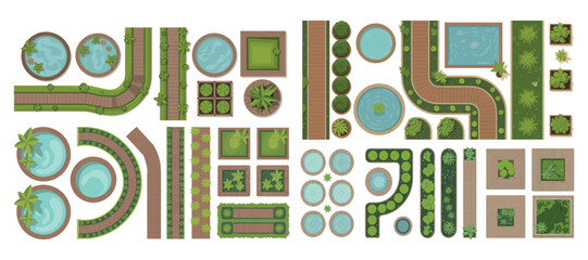 Top View Garden Landscape Elements with Pools Paths and Greenery for Architectural Design and Planning on White Background Isolated