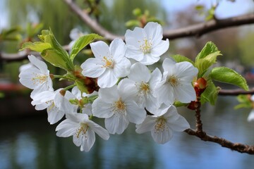 Obraz premium Closeup of a blooming cherry blossom branch against a blurred water backdrop