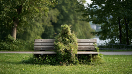 Grassy humanoid figure merging with wooden bench, surrounded by wildflowers in serene landscape blending organic elements