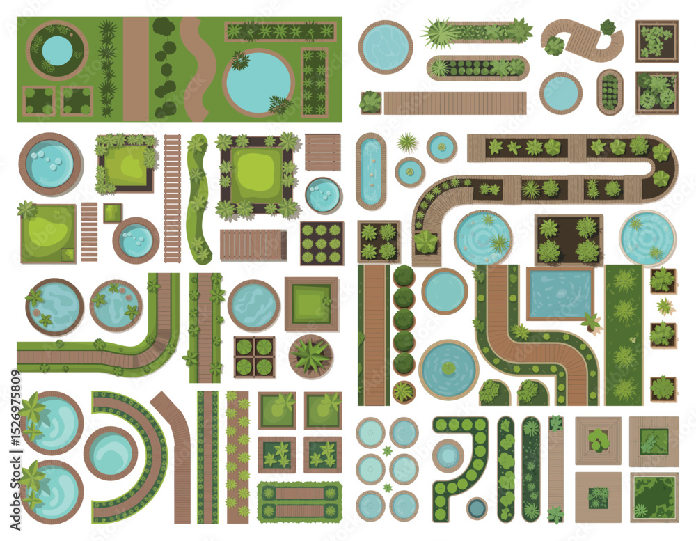 Poster collection of top view garden elements for landscape design and architecture visualization including