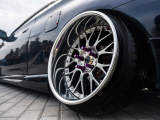 Close-Up of Custom Car Wheel and Tire Excellence. 