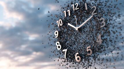 Clock exploding and losing its numbers against a cloudy sky, illustrating the concept of fleeting time and the pressure of deadlines