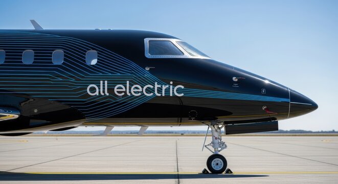 Close-up of black electric business jet on tarmac with blue "all electric" livery that accents its powertrain