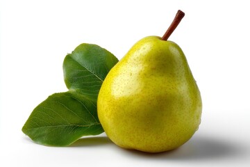 Closeup of a ripe yellowgreen pear with a brown stem and two green leaves set against a bright white background