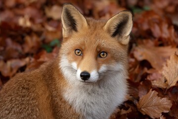 Fototapeta premium Closeup of a red fox its face and upper body centered against a backdrop of fallen autumn leaves