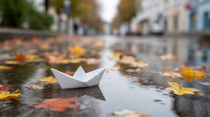 Paper boat floating on wet urban street, surrounded by fallen leaves during autumn rainfall, symbolic of childhood memory