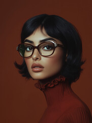 Fototapeta premium Fashionable glasses advertisement. Bright Fashionable studio portrait of stylish arab woman wearing glasses, editorial portrait in 1960s style