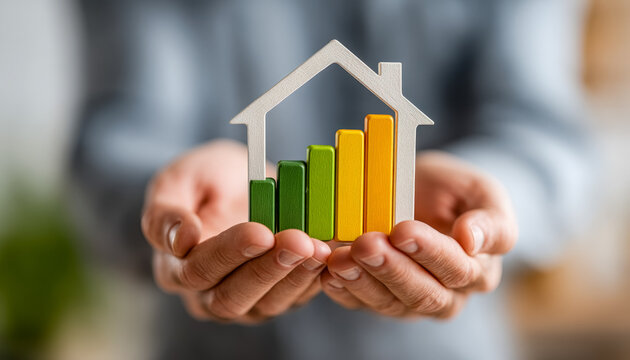 Hand holding a house-shaped chart showing growth in property market
