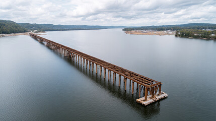 Aerial view of bridge construction over a river, with massive steel framework visible, soft daylight, and water reflections