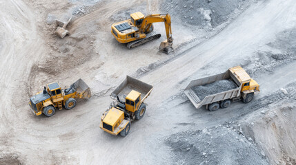 Aerial overhead perspective showing heavy machinery excavating, dumping, relocating earth materials at active construction worksite under bright midday sunlight