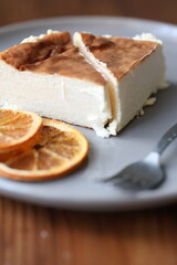 San Sebastian cheesecake on plate in restaurant in close-up	